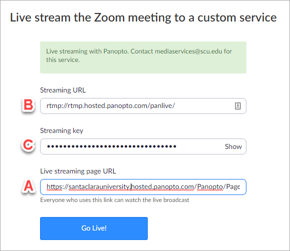 enter information to live stream a Zoom meeting